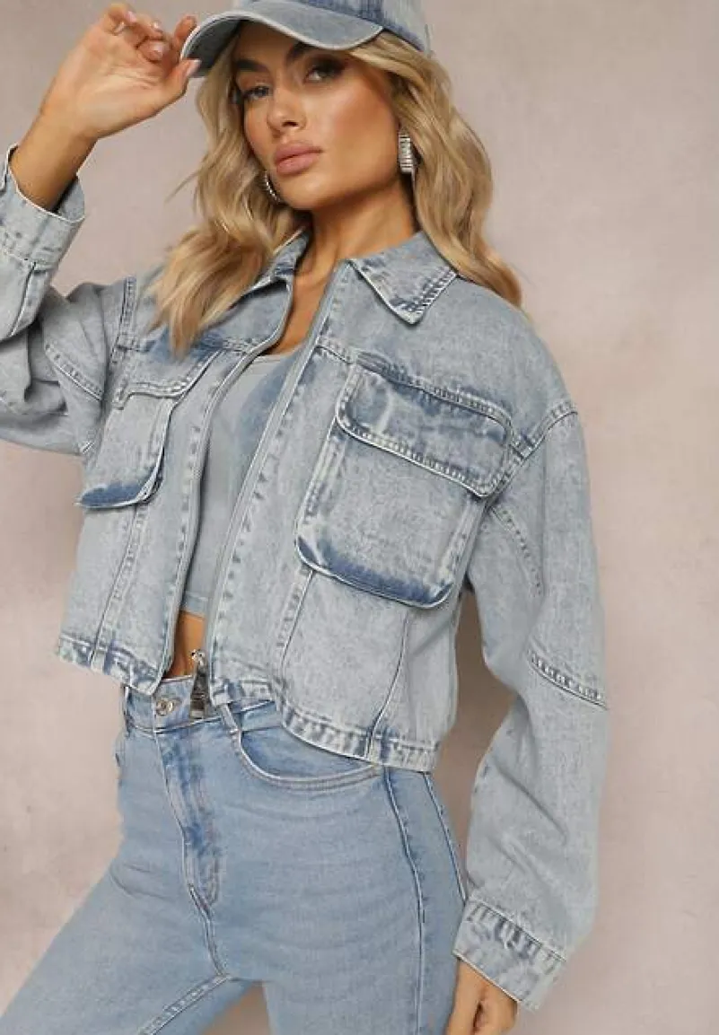 Niebieska Jeansowa Kurtka Oversize Cropped z Bawełny Tevissa