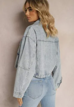 Niebieska Jeansowa Kurtka Oversize Cropped z Bawełny Tevissa