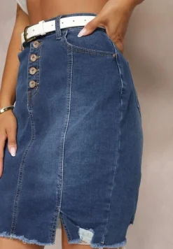 Niebieska Jeansowa Spódnica Mini z Guzikami Karandi