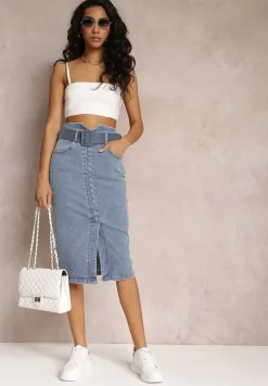 Niebieska Jeansowa Spódnica Ołówkowa Midi z Guzikami i Rozcięciem Jackiesa