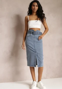 Niebieska Jeansowa Spódnica Ołówkowa Midi z Guzikami i Rozcięciem Jackiesa