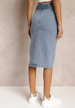 Niebieska Jeansowa Spódnica Ołówkowa Midi z Guzikami i Rozcięciem Jackiesa