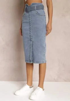 Niebieska Jeansowa Spódnica Ołówkowa Midi z Guzikami i Rozcięciem Jackiesa