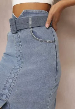 Niebieska Jeansowa Spódnica Ołówkowa Midi z Guzikami i Rozcięciem Jackiesa