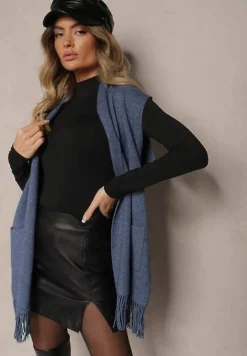 Niebieska Kamizelka Narzutka z Wiskozowej Dzianiny z Frędzlami i Kieszeniami Naralina