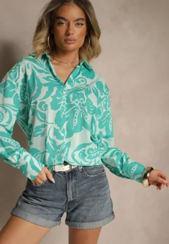 Niebieska Koszula Oversize w Kwiatowy Print Boinea