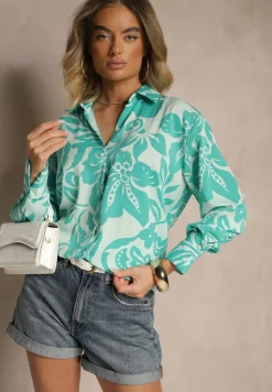 Niebieska Koszula Oversize w Kwiatowy Print Boinea
