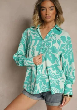 Niebieska Koszula Oversize w Kwiatowy Print Boinea