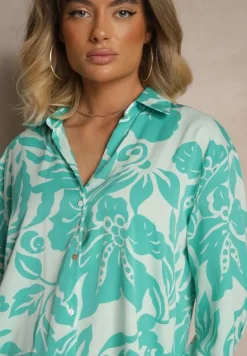 Niebieska Koszula Oversize w Kwiatowy Print Boinea
