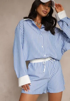 Niebieska Koszula Ozdobiona Kieszonką i Paskami Zarindia