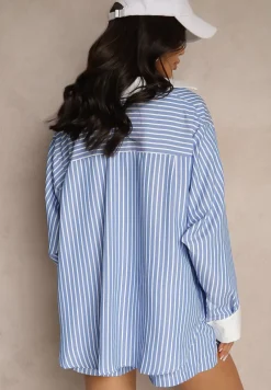 Niebieska Koszula Ozdobiona Kieszonką i Paskami Zarindia