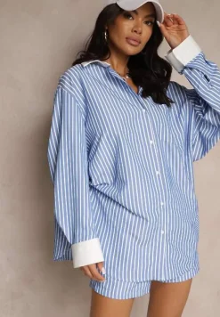 Niebieska Koszula Ozdobiona Kieszonką i Paskami Zarindia