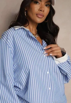 Niebieska Koszula Ozdobiona Kieszonką i Paskami Zarindia