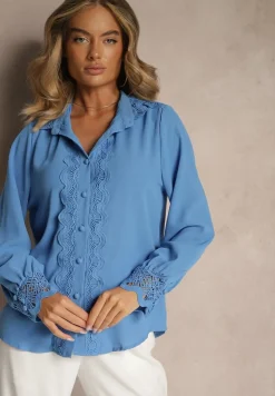 Niebieska Koszula z Ażurową Stójką i Bufiastym Rękawem Nito