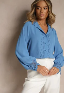 Niebieska Koszula z Ażurową Stójką i Bufiastym Rękawem Nito