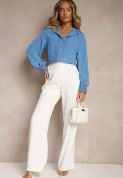 Niebieska Koszula z Ażurową Stójką i Bufiastym Rękawem Nito