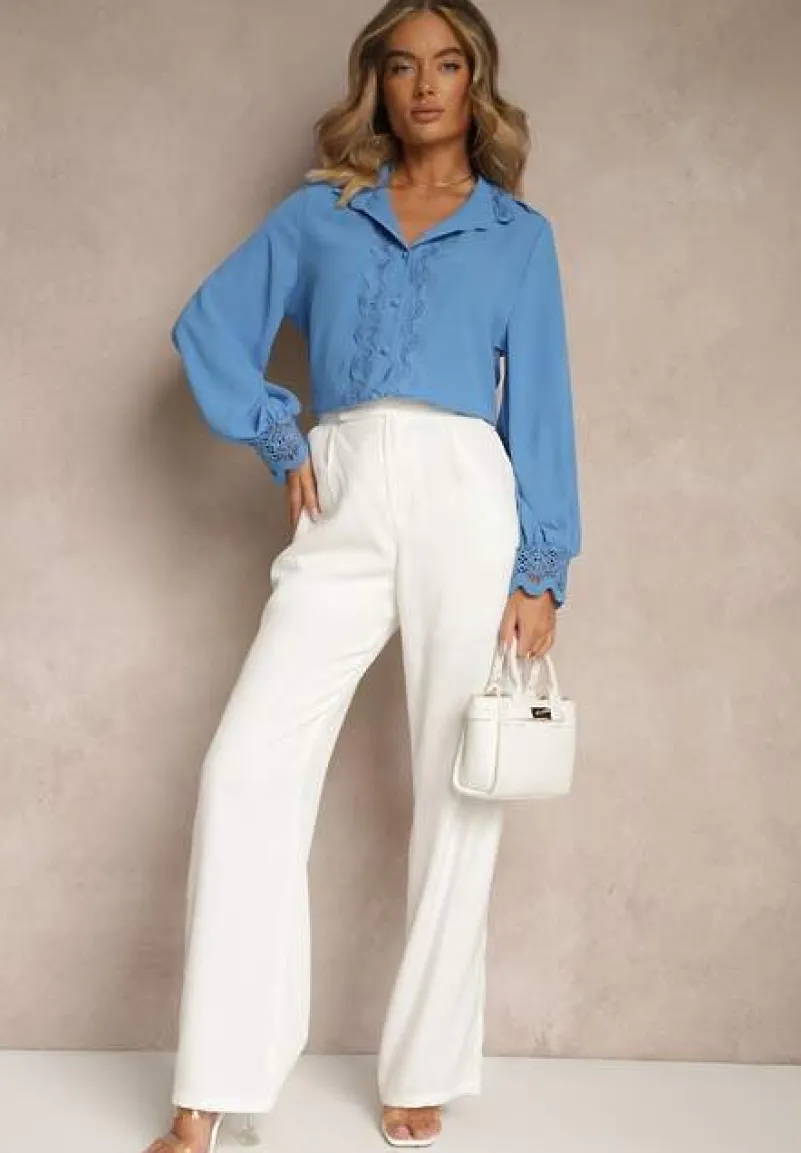 Niebieska Koszula z Ażurową Stójką i Bufiastym Rękawem Nito