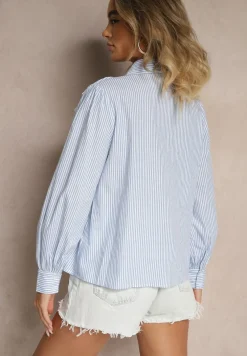 Niebieska Koszula z Bawełny w Prążki Zdobiona Ażurową Falbanką przy Dekolcie Paliara