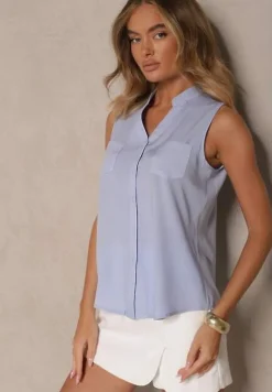 Niebieska Koszula z Wiskozy z Ozdobnymi Kieszeniami Lumorinne