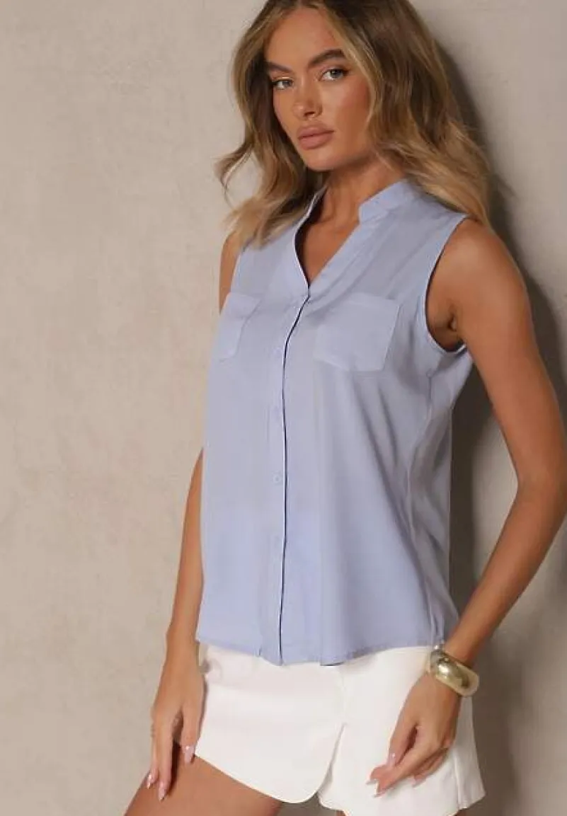 Niebieska Koszula z Wiskozy z Ozdobnymi Kieszeniami Lumorinne