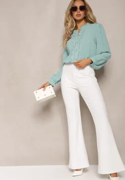 Niebieska Koszula z Wiskozy Ozdobiona Koronką i Falbanką w Postaci Stójki Nesaviki