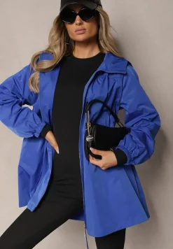 Niebieska Kurtka w Stylu Parki Wiązana w Pasie Nevithia
