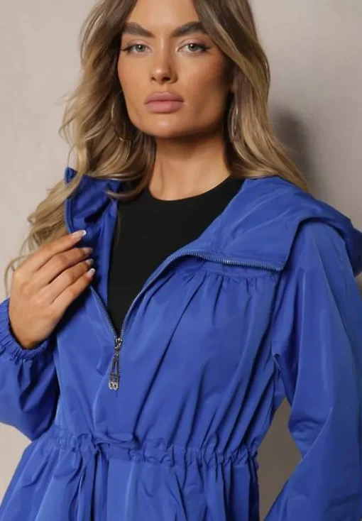 Niebieska Kurtka w Stylu Parki Wiązana w Pasie Nevithia