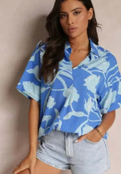 Niebieska Kwiecista Bluzka z Krótkimi Rękawami Andresa