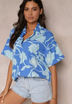 Niebieska Kwiecista Bluzka z Krótkimi Rękawami Andresa