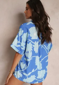 Niebieska Kwiecista Bluzka z Krótkimi Rękawami Andresa