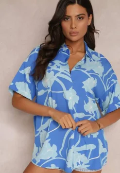 Niebieska Kwiecista Bluzka z Krótkimi Rękawami Andresa