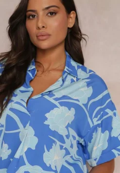 Niebieska Kwiecista Bluzka z Krótkimi Rękawami Andresa