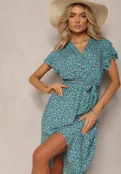 Niebieska Letnia Sukienka Kopertowa Wiązana w Pasie z Wiskozy Meridase
