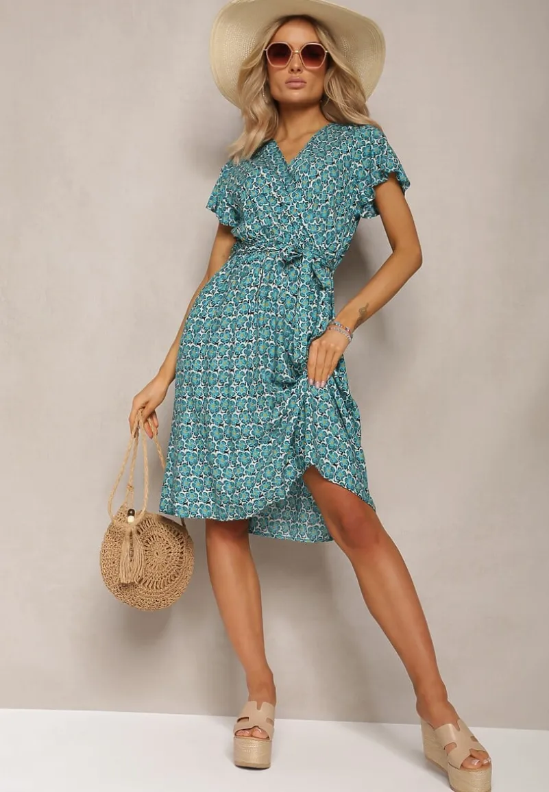 Niebieska Letnia Sukienka Kopertowa Wiązana w Pasie z Wiskozy Meridase