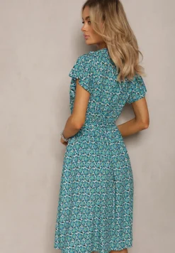 Niebieska Letnia Sukienka Kopertowa Wiązana w Pasie z Wiskozy Meridase