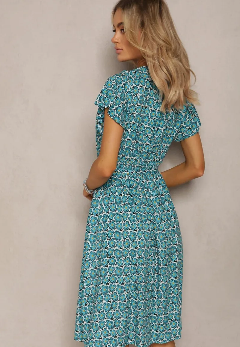 Niebieska Letnia Sukienka Kopertowa Wiązana w Pasie z Wiskozy Meridase