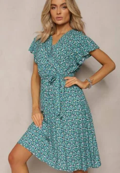 Niebieska Letnia Sukienka Kopertowa Wiązana w Pasie z Wiskozy Meridase