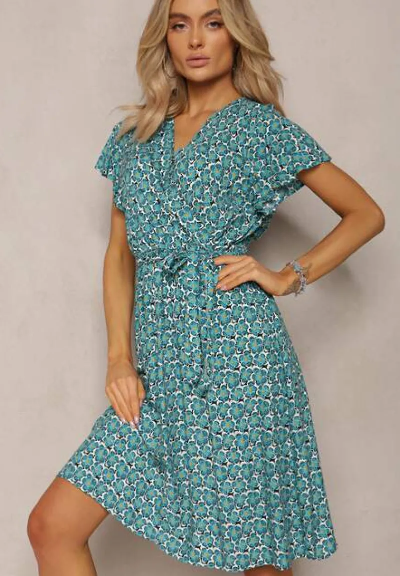 Niebieska Letnia Sukienka Kopertowa Wiązana w Pasie z Wiskozy Meridase