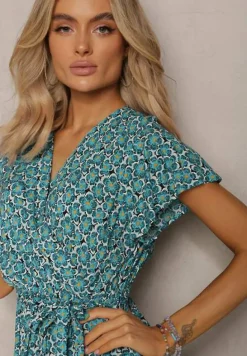 Niebieska Letnia Sukienka Kopertowa Wiązana w Pasie z Wiskozy Meridase