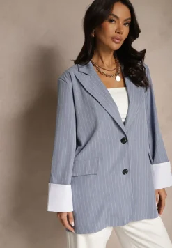 Niebieska Marynarka Jednorzędowa o Pudełkowym Kroju w Pionowe Paski Eonevia