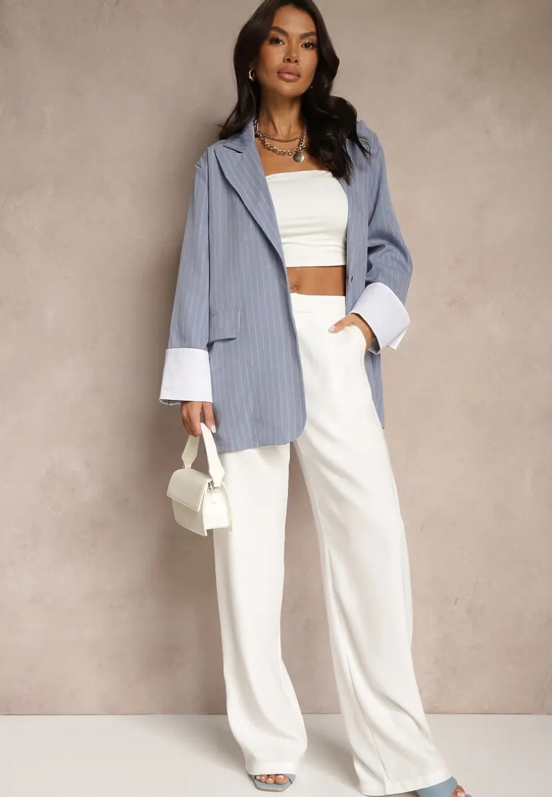 Niebieska Marynarka Jednorzędowa o Pudełkowym Kroju w Pionowe Paski Eonevia