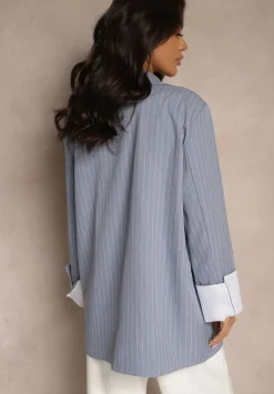 Niebieska Marynarka Jednorzędowa o Pudełkowym Kroju w Pionowe Paski Eonevia