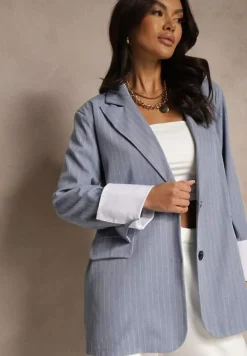 Niebieska Marynarka Jednorzędowa o Pudełkowym Kroju w Pionowe Paski Eonevia