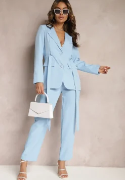 Niebieska Marynarka o Jednorzędowym Fasonie z Dwoma Ozdobnymi Paskami Anellana