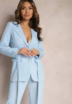 Niebieska Marynarka o Jednorzędowym Fasonie z Dwoma Ozdobnymi Paskami Anellana