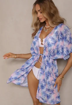 Niebieska Narzutka Plażowa z Wiązaniem w Kwiatowy Wzór Mevelaura