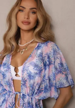 Niebieska Narzutka Plażowa z Wiązaniem w Kwiatowy Wzór Mevelaura