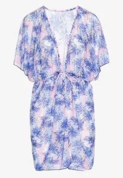 Niebieska Narzutka Plażowa z Wiązaniem w Kwiatowy Wzór Mevelaura