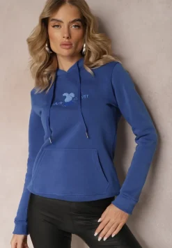 Niebieska Ocieplona Bluza z Kapturem Ozdobiona Naszywką i Napisem Eirellia