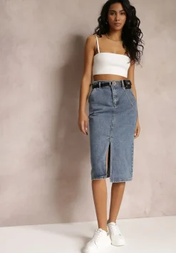Niebieska Ołówkowa Spódnica Jeansowa z Rozcięciem i Paskiem z Saszetką Misitra